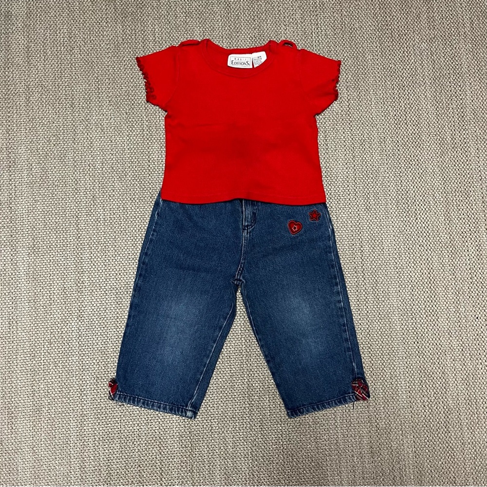 Vintage Faded Glory Girl’s Outfit with Red Top and Embroidered Blue Jeans